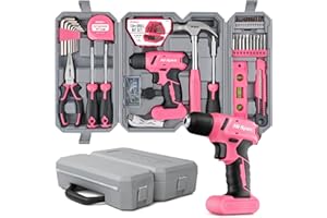 Hi-Spec 57pc Pink 8V USB Electric Power Cordless Drill Driver and Women Ladies Home DIY Tool Kit Set. Screwdriver and Drill B