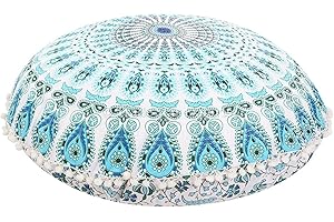 Shubhlaxmifashion Large 32" Round Pillow Cover, Decorative Mandala Pillow Sham, Indian Bohemian Ottoman Poufs, Pom Pom Pillow Cases, Outdoor Cushion Cover,