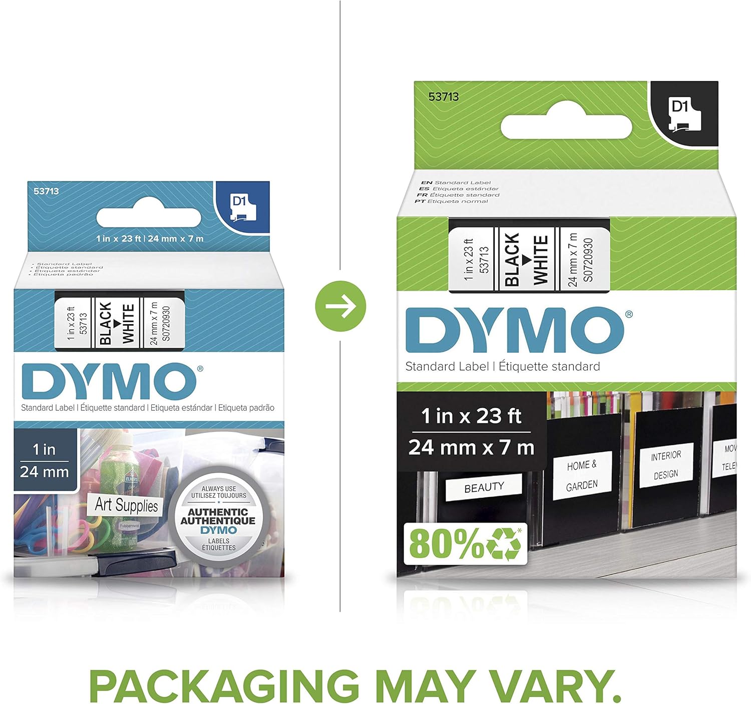 DYMO Standard D1 53713 Labeling Tape (Black Print on White Tape, 1'' W x 23' L, 1 Cartridge): Office Products