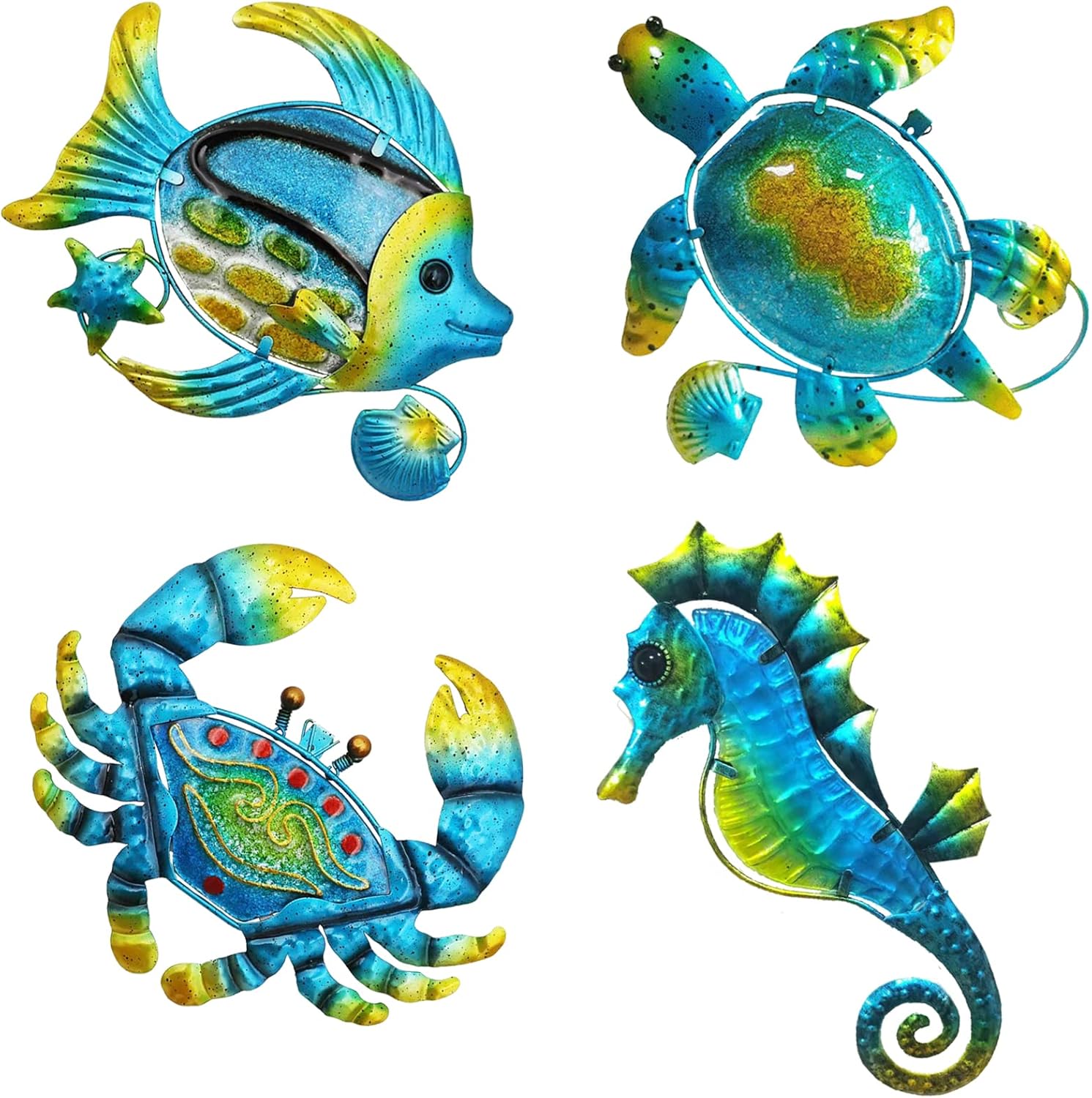 Plaques & Wall Art - Beach Metal Wall Art Decor,Metal Ocean Sea Turtle Wall Decor for Bathroom Living Room Children Room,Tropical Sea Turtle Seahorse Crab Fish Wall Decor Outdoor Wall Sculptures For Patio Pool,4pcs(blue)