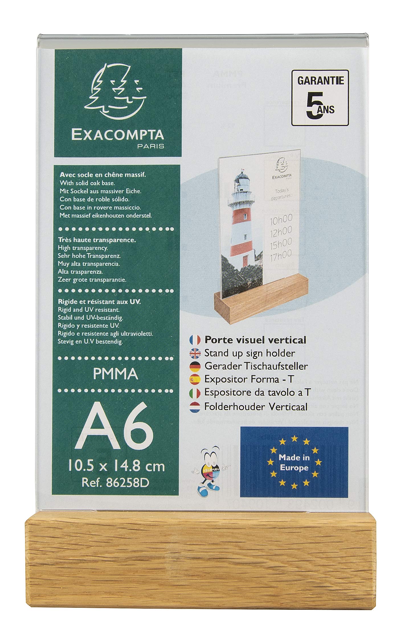 Exacompta - Ref 86258D - Sign Holder with Wooden Base - Suitable for A6 Documents, Solid Oak Plinth, Visible Both Sides, PMMA (Acrylic) Material, Rigid & UV Resistant - Clear — image 1