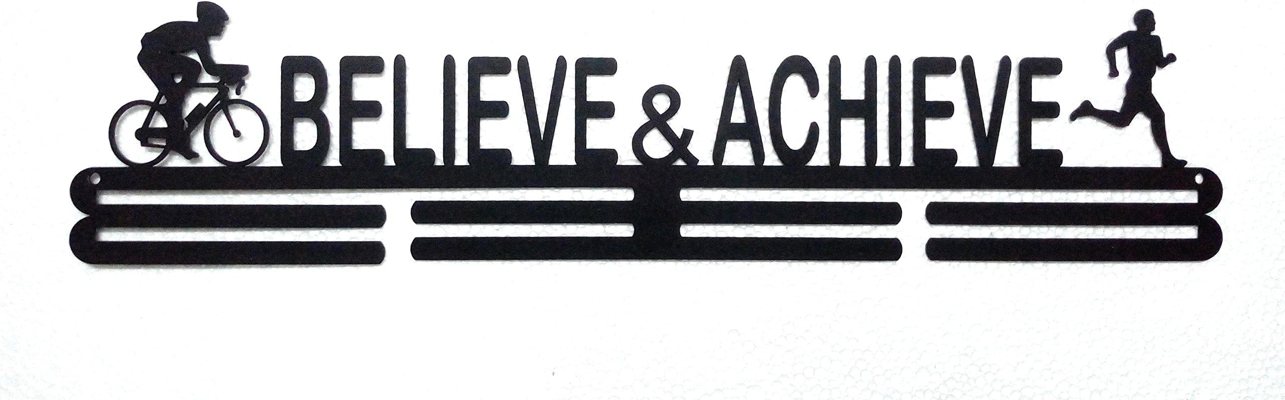 Duathlon - Believe & Achieve Medal Hanger for Wall - Black Wall Medal Holder (56 cm x 13 cm), Medal Display for 40 Running, Cycling Medals