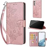 Designed for Samsung Galaxy S23 Plus Case Wallet,Women Flip Folio Cover with Embossed PU Leather Credit Card Holders Slots Wrist Strap Phone Case for Samsung S23 Plus 6.6 Inch (Rose Gold Butterfly)