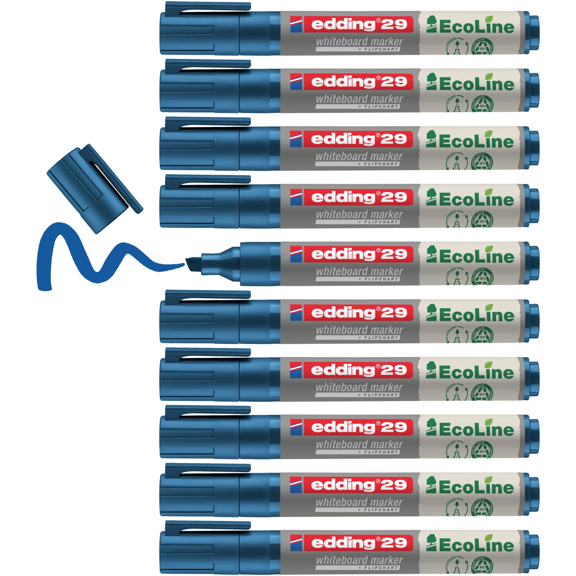 edding 29 Ecoline whiteboard marker - blue - box of 10 whiteboard pens - chisel tip 1-5 mm - whiteboard pen dry wipe - for whiteboards, flipcharts, pinboards, memo boards - sketchnotes - refillable