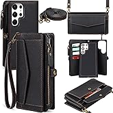 DKDKSIP for Samsung Galaxy S25 Ultra Wallet Case for Women Men, Wireless Charging with RFID Blocking Card Holder, PU Leather Crossbody Strap Detachable Magnetic Phone Shell Purse, Black