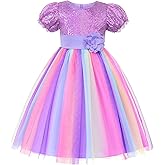 Uhnice Flower Girl Sequin Dress Puff Sleeve Rainbow Dress for Wedding Party