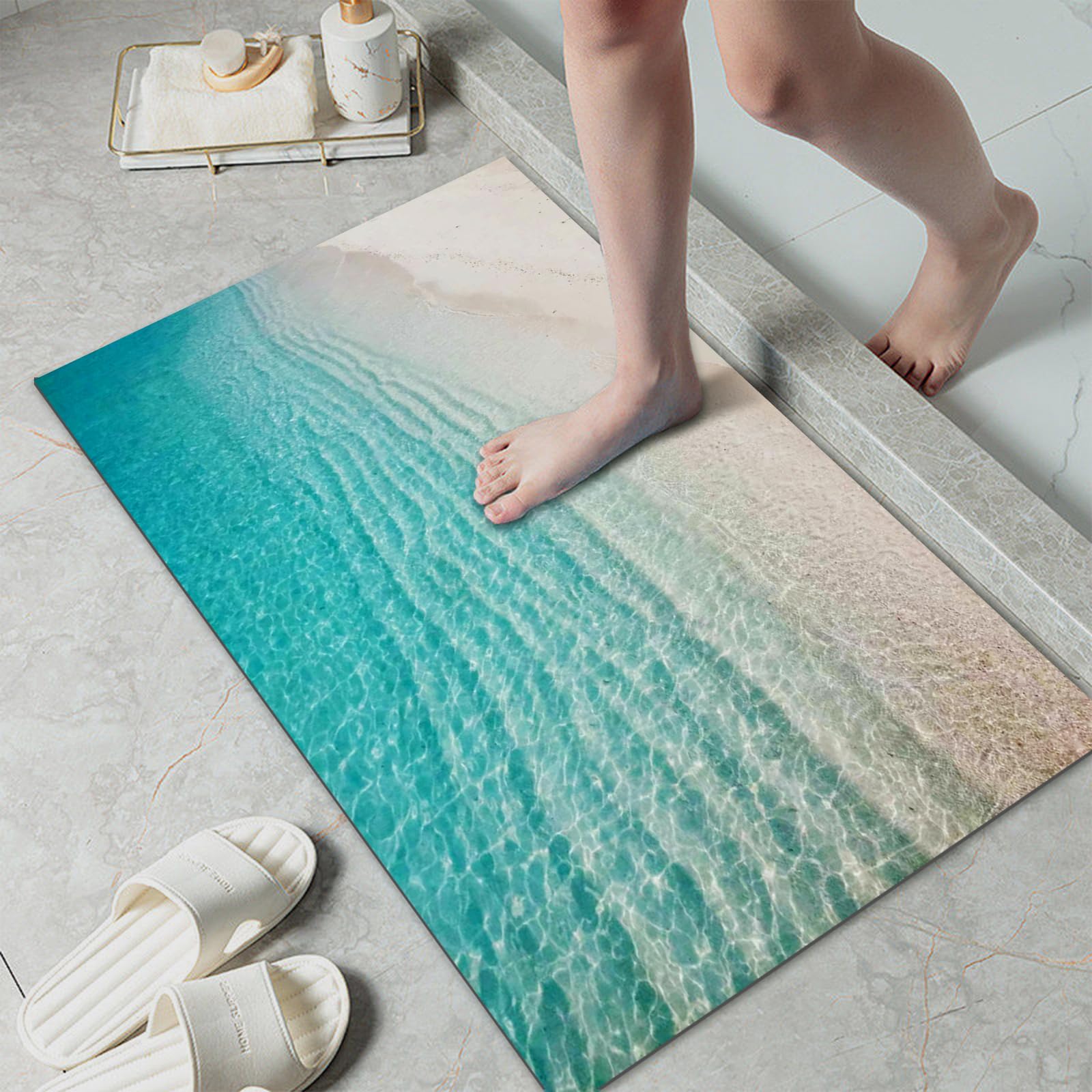 Photo 1 of *MINOR DAMAGE - USED*
LYGLIGH Ultra Thin Bath Mat, Teal Bath Mat, 1/10 in Thin Bathroom Rugs Fit Under Door, Non-Slip Rubber Backing, Absorbent, Quick-Dry, Washable Funny Beach Decor for Shower and Tub, 24‘’X16''