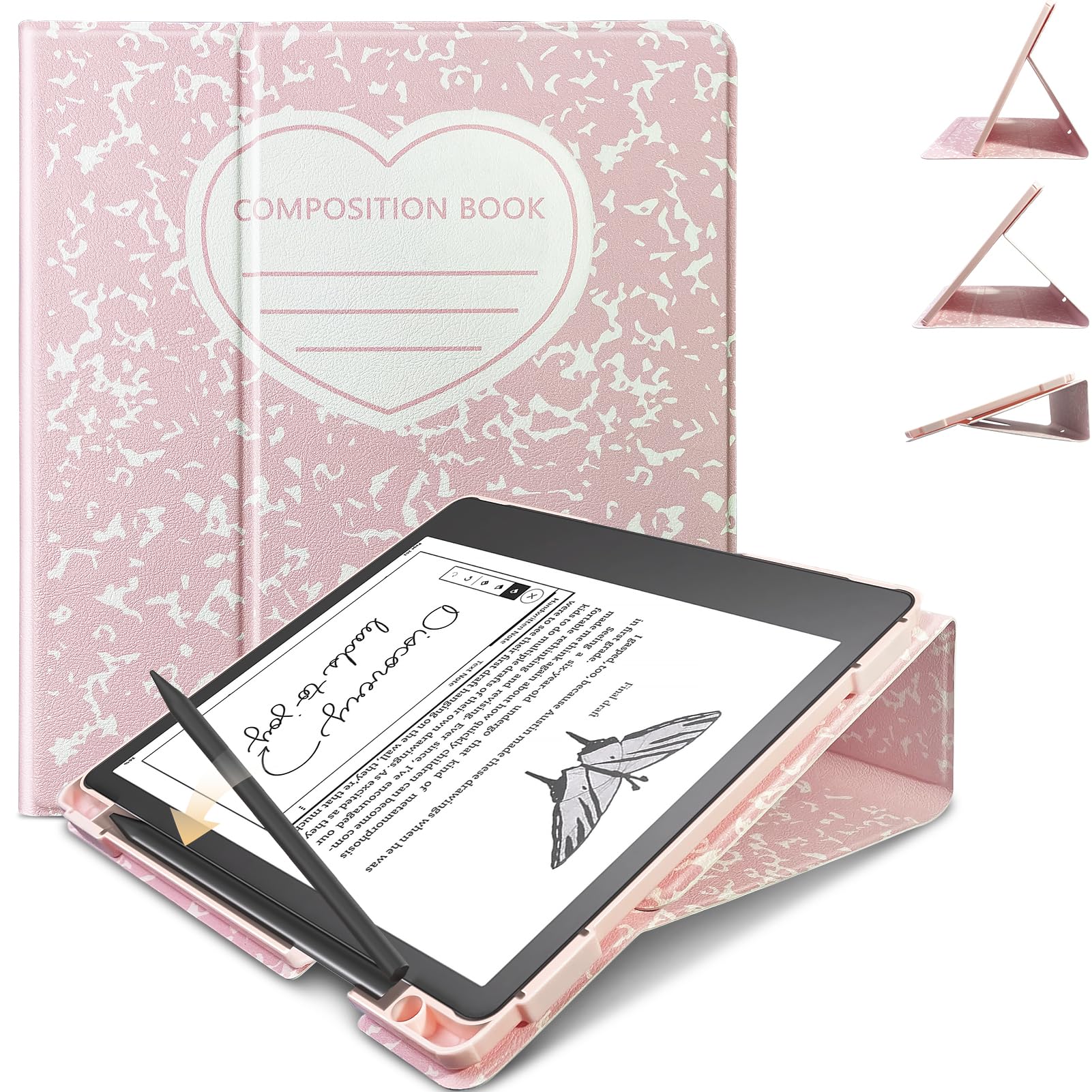 E NET-CASE Case for Kindle Scribe 10.2 inch 2024 & 2022 Released, Multi-Viewing Adjustable 360 Degree Rotating Stand Cover for Kindle Scribe 10.2”, Auto Sleep/Wake with Pen Holder, (Pink)