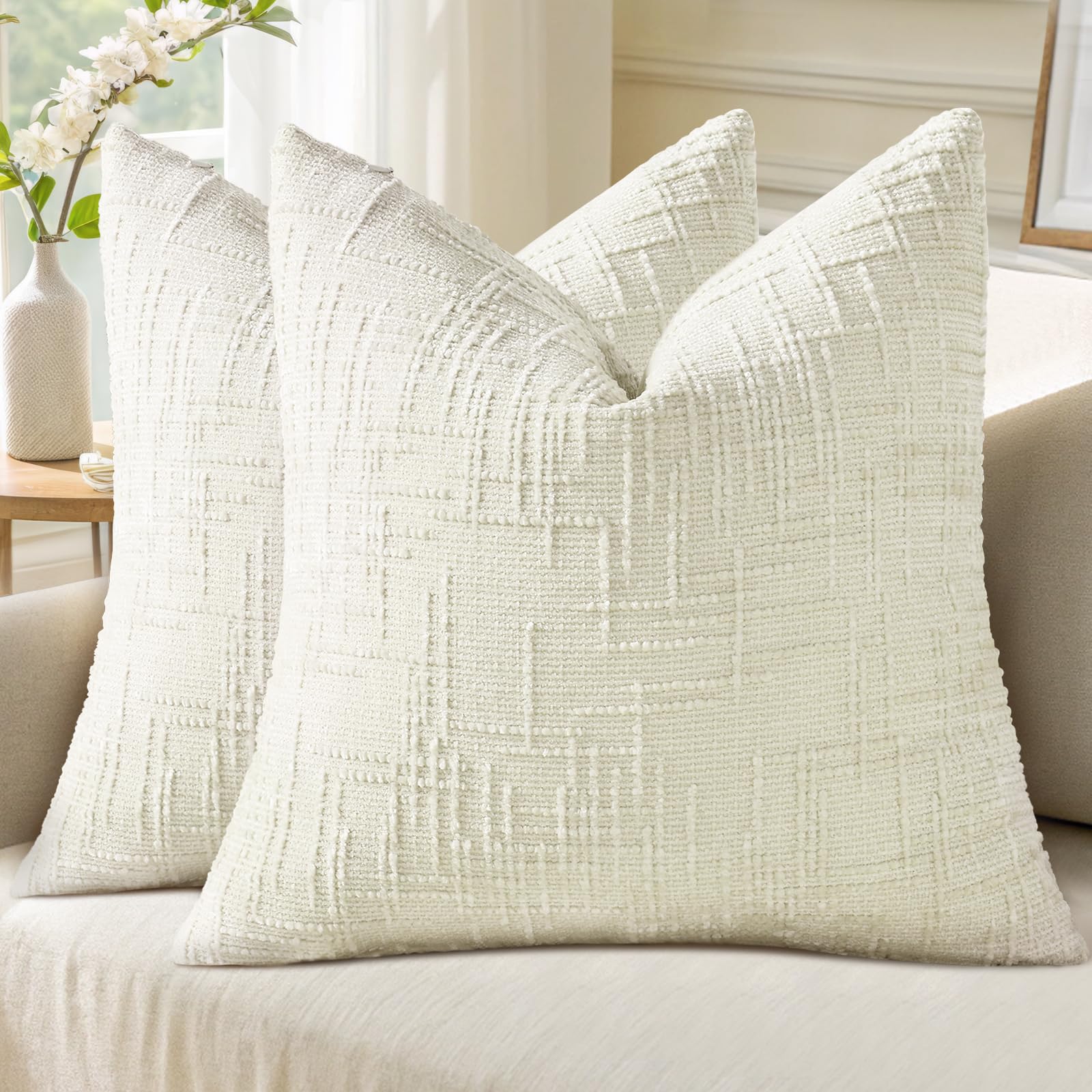 Photo 1 of decorUhome Christmas Cream White Chenille Throw Pillow Covers 22x22 Set of 2 Thick Textured Slubby Couch Pillow Covers Farmhouse Accent Modern Neutral Decorative Pillow Cases for Bed Sofa Living Room