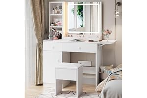 Haewon White Vanity Desk with Mirror and Lights, Makeup Vanity with Charging Station and 3 Lighting Modes, Dressing Table Set with Storage Cabinet, Drawers and Chair for Girls Bedroom