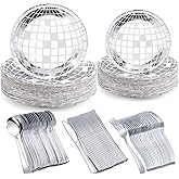 Mifoci 300 Pcs 70s 80s Disco Party Decorations 60 Set Disposable Paper Plates 7", 9" Silver Disco Ball Dessert Dinner Plates with Knife Fork and Spoon for Rock Roll Dance Music Party
