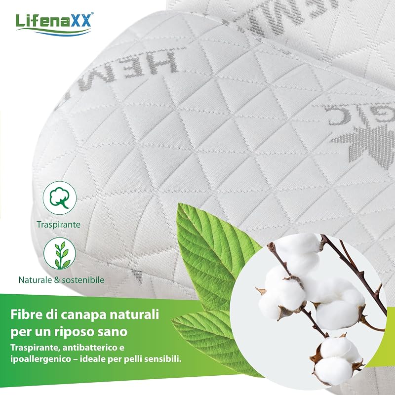 Cuscino cervicale in canapa LX-053 – Cuscino ergonomico in memory foam con fodera rimovibile e lavabile – Supporto naturale per il collo, traspirante e confortevole