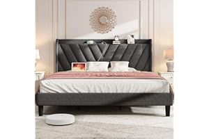 koorlian King Bed Frame, Adjustable Upholstered Platform Bed Frame with Type-C&USB Ports, Wingback Storage Headboard, Solid Wood Slats Support, No Box Spring Needed, Modern Style, Dark Gray