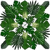 PietyPet 50 Pieces 7 Kinds Tropical Party Decorations Jungle Monstera Leaves Safari Leaves, Artificial Palm Leaves with Faux Stem for Hawaiian Luau Party Jungle Beach Table Leave Decorations