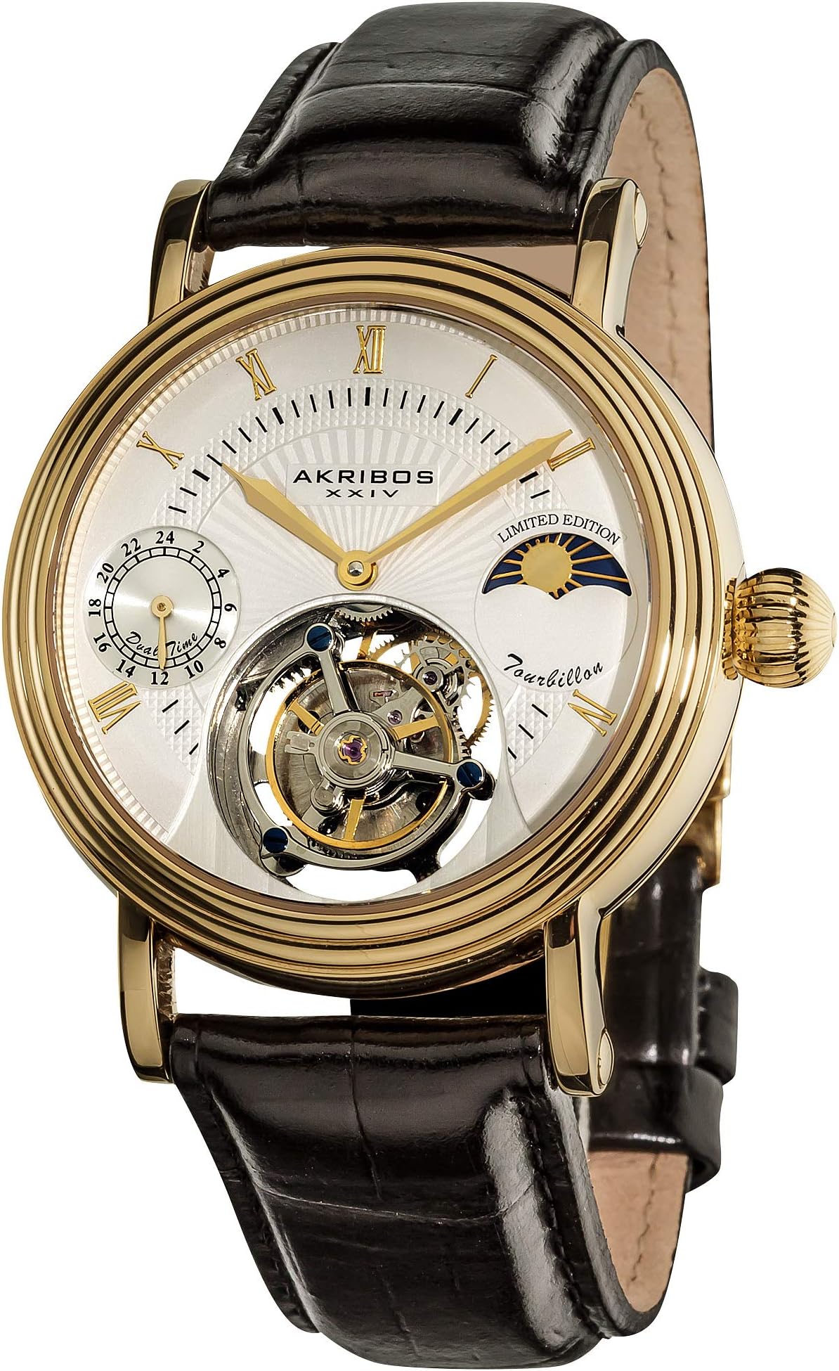 Akribos Mechanical Tourbillon AM/PM (Moonphase Design) Watch - Skeletonized Face with Automatic Dual-time Dial - Limited Edition Genuine Croco-Embossed Calfskin Leather Band - AK493