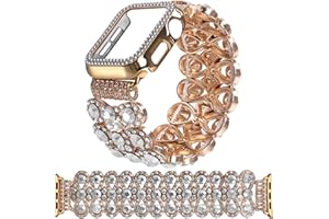 VIQIV Bling Dressy Bracelet with Case Compatible with Apple Watch Bands 38mm 40mm 41mm 42mm 44mm 45mm 49mm for Women Strethy, Stretch Smart Watch Bands for Women, Cute Jewelry Metal Wristband Strap for iWatch Ultra 2/Ultra Series 9/8/7/6/5/4/3/2/1/SE