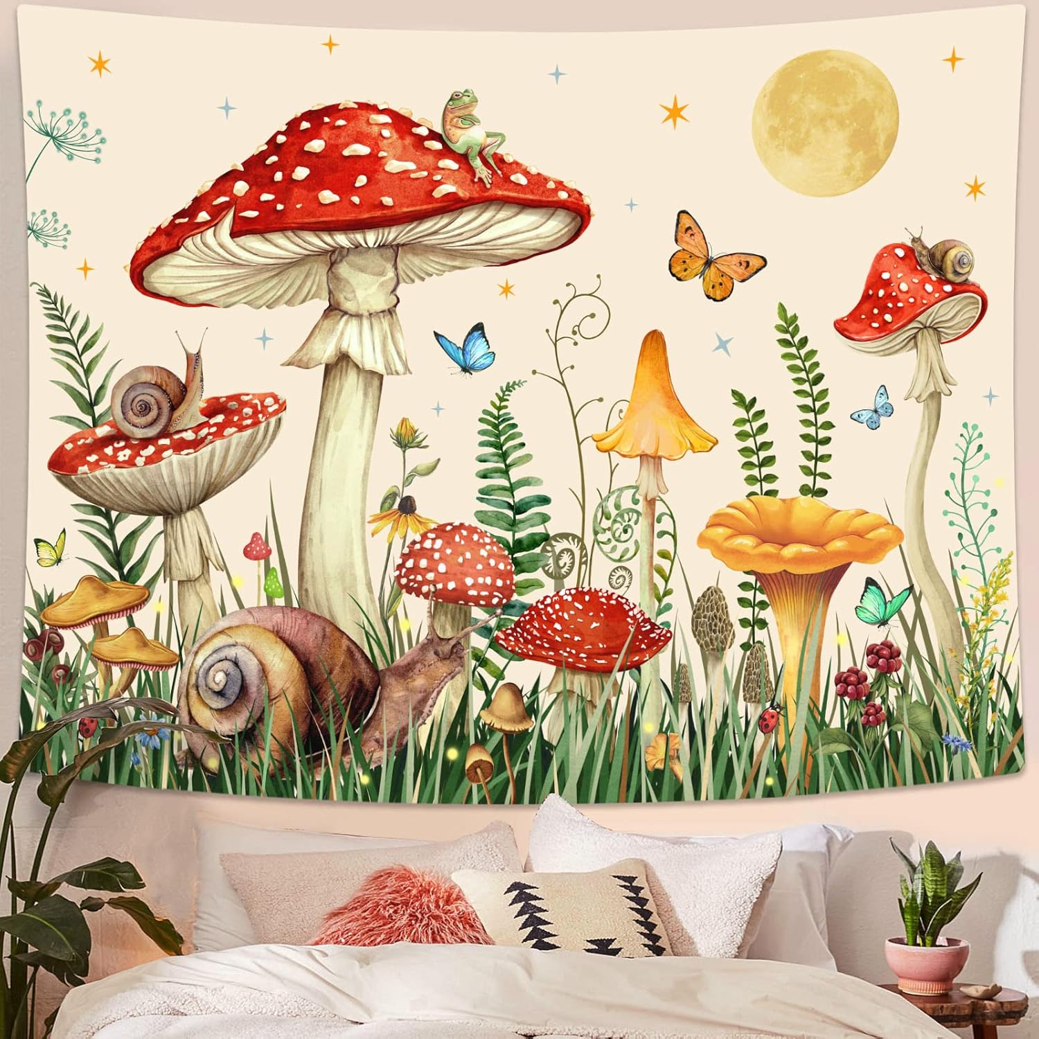 Tapestries - Zussun Red Mushroom Tapestry Moon Star Tapestries for Bedroom Aesthetic Beige Starry Night Green Plant Tapastrys Wall Hanging Butterfly Snail Frog Wall Tapestry for Living Room Dorm (Beige, 48