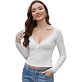 Homepeaz Long Sleeve Shirts for Women Going Out Tops Micro Ribbed Henley Neck Cropped Tops Lace Trim Fitted Casual Cute Y2K