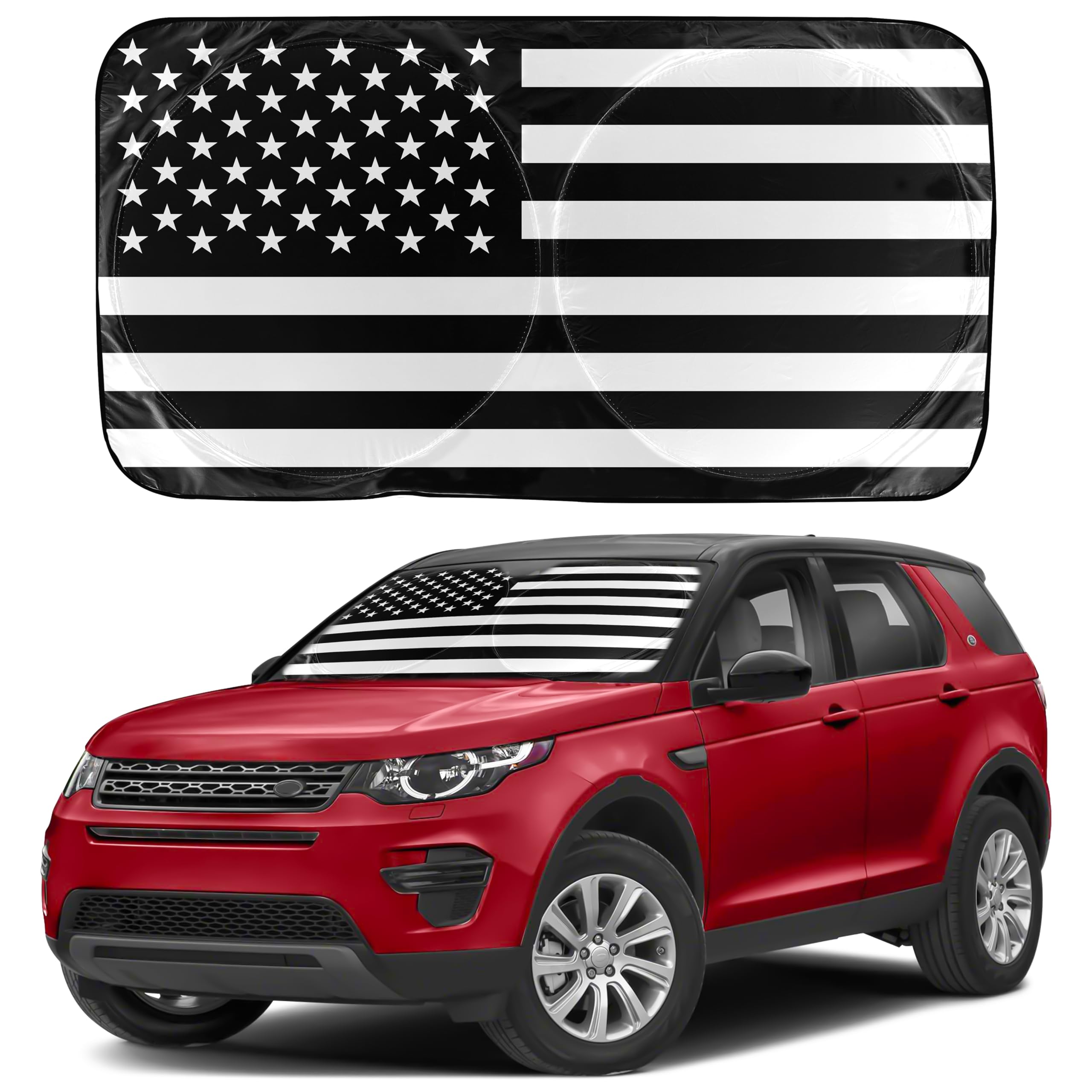 EcoNour Car Windshield Sun Shade Window Tint -B W American Flag USA Patriotic Design– 240T Polyester Foldable Front Window Shade for SUV Trucks – UV Ray Blocker – Medium (64x32 Inch) Sun Protector