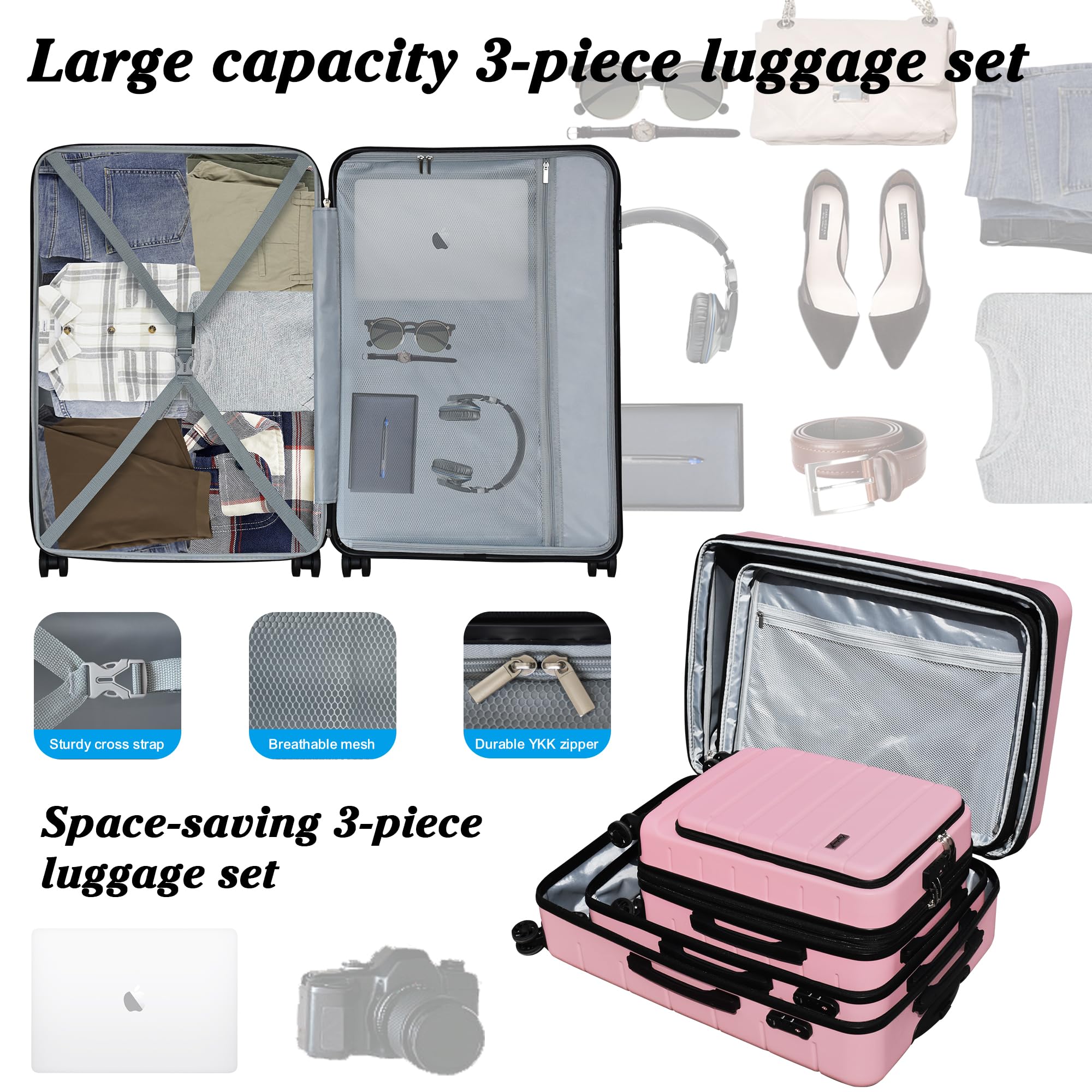 KEYTANG SmileLine 3-Piece Luggage Set Lightweight Hardside Suitcase TSA Lock Spinner Wheels, 20
