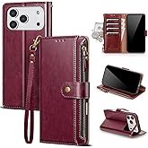 Scutumate Compatible with iPhone 17 Pro Wallet Case with Card Holder RFID Blocking Zipper Poket PU Leather Flip Phone Case with Wrist Strap Credit Card Slots Men Women,for Apple 17 Pro 6.3",Wine Red