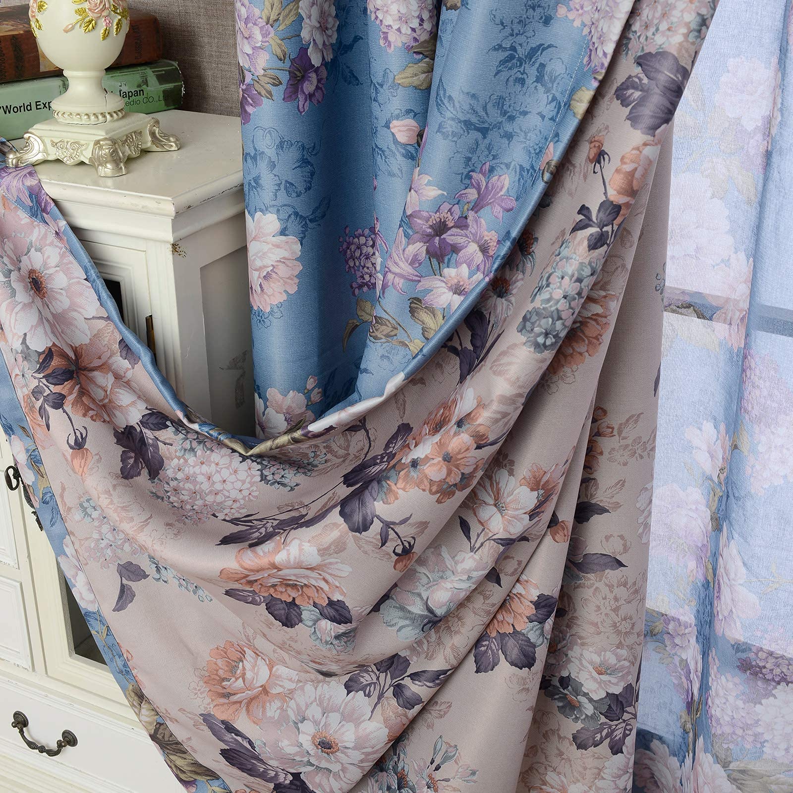 SUOUO Double Sided Floral Blackout Curtains for Bedroom Thermal Insulated Room Darkening Window Drapes for Living Room 52 x 84 Inches Long 2 Panels Peony Flower Blue