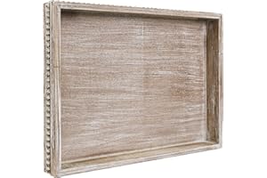 MAONAME Wood Serving Tray, Farmhouse Wooden Tray for Coffee Table, Rustic Rectangle Trays with Beads, Washed White Decorative Trays for Living Room, Kitchen, 15.7" X 11.8" X 1.57"