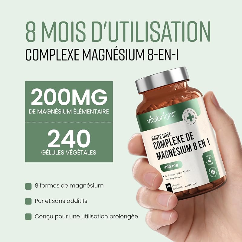 Magnésium Complex 8-en-1 | 200 mg | 240 Gélules Végétaliennes | Magnesium Bisglycinate, Citrate, Malate, Taurate | Complément pour Muscles, Énergie et Fatigue | 8 Mois | VitaBright