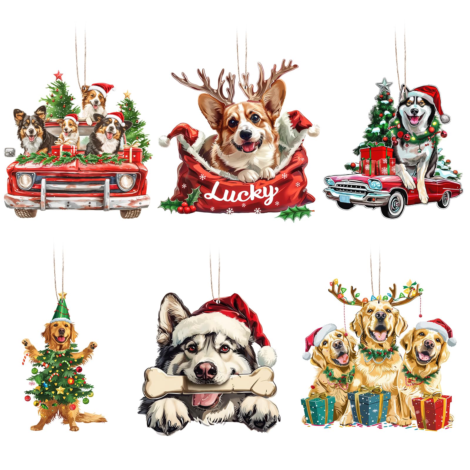 Joyoldelf Dog Christmas Ornaments - 6 Pcs Personalised Xmas Decorations, Hanging Ornaments for Christmas Tree, Pet Memorial Gifts