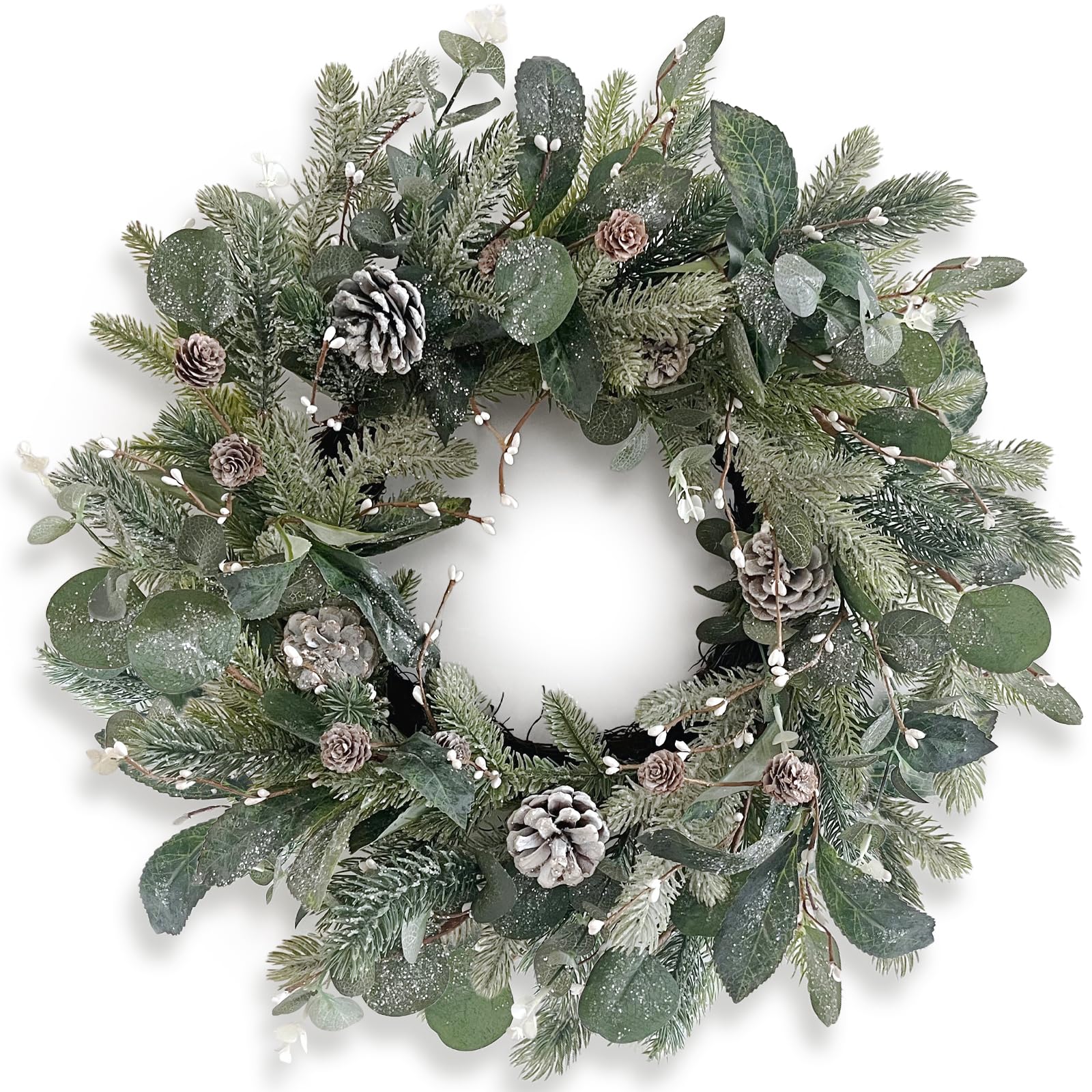View 1 of 22" Green Winter Wreath, Artificial Pine Cone & Holly Front Door Wreath for Christmas Farmhouse Indoor Outdoor Decor