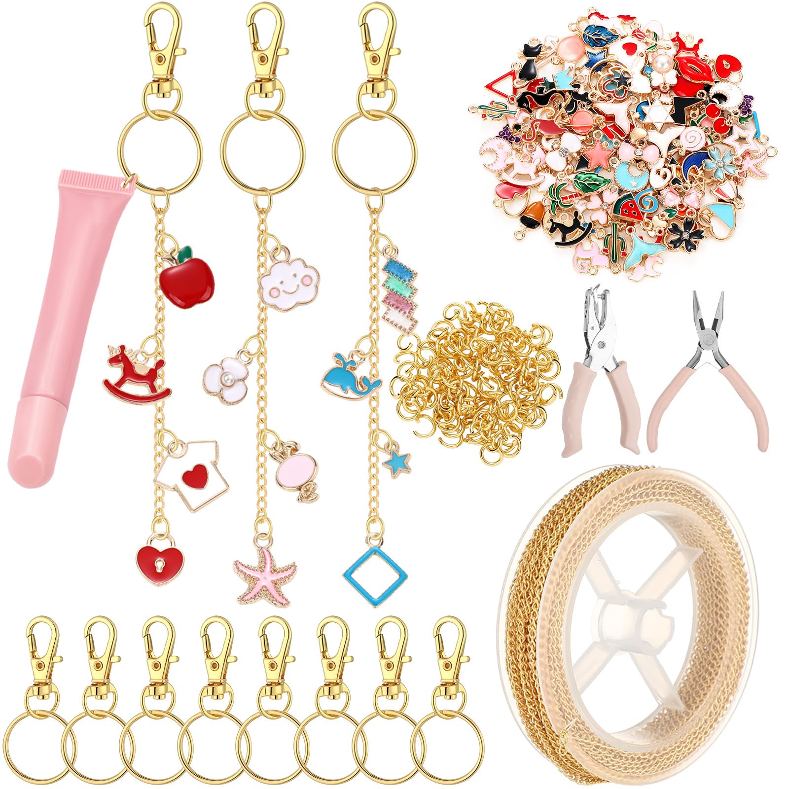 Photo 1 of VioraWhite 213 Pcs Lip Gloss Keychain Making Kit 100 Pink Enamel Charms 32.81 ft Gold Chains for DIY Crafts Women(Stylish)