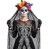 Day of The Dead Veil Headpiece, Multi Color, Mexican Folklore Style | Floral Crown with 39.4 Inch Lace Veil, Day of The Dead Costume, Catrina Costume for Women, Halloween Hair Cosplav Accessory
