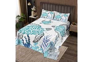 Feelyou Kids Sea Turtle Bedspread King Size Ocean Coverlet Set for Boys Girls Jellyfish Coralline Quilted Coverlet Blue and B