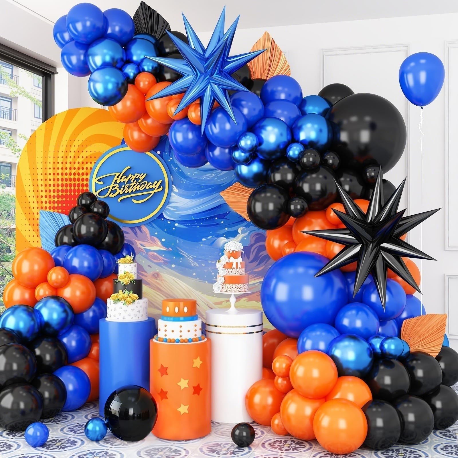 Black Orange Blue Balloon Arch Kit,Royal Blue Black Balloon Garland with Star Foil Balloons for Birthday Graduation Basketball Party Decorations