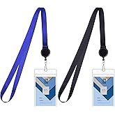 Wisdompro Cruise Lanyard with ID Card Holder, 2 Pack Neck Lanyard with Retractable Reel & Double Sided Clear ID Badge Holder for Ship Cards - Black, Blue (Vertical)