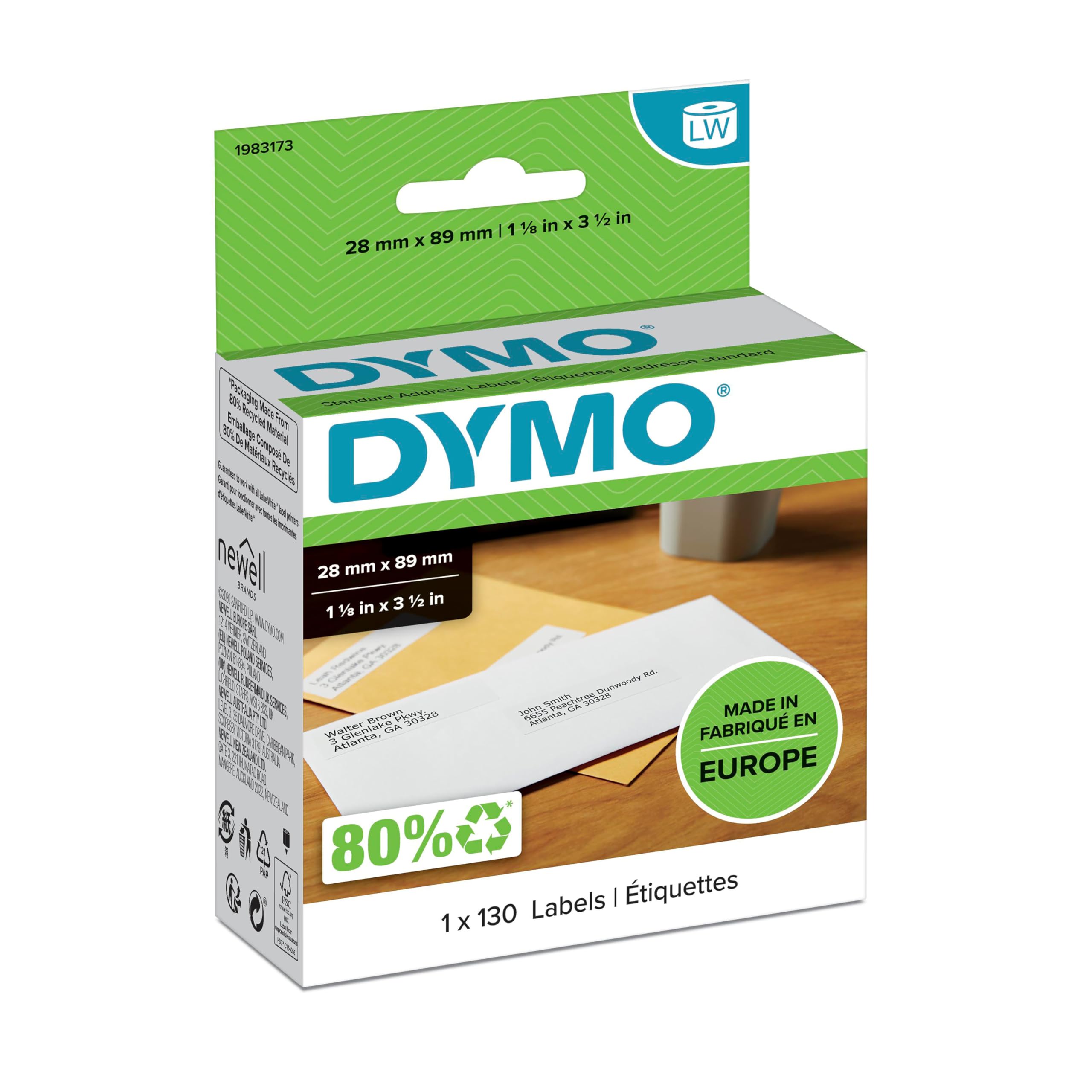 DYMO Authentic LabelWriter Return Address Labels | 28 mm x 89mm | Self-Adhesive | Roll of 130 Self-Adhesive Labels | for LabelWriter Label Makers | Made in Europe