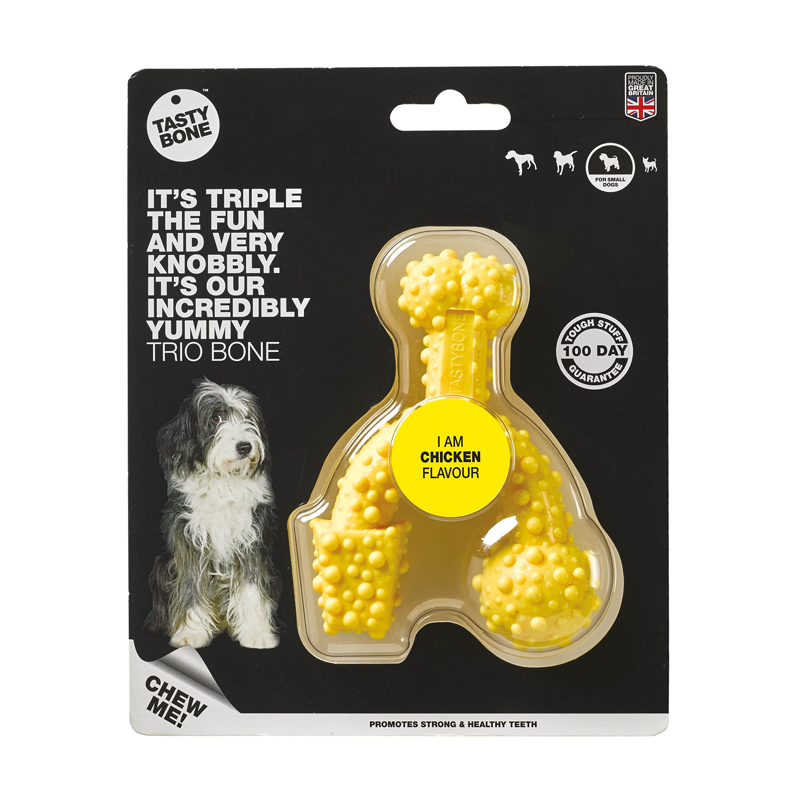 TastyBone TrioBone Nylon Dog Chew Toy for Small Dogs (Chicken) - Indestructible for Aggressive Chewers, Everlasting Flavour, Strong Healthy Teeth, Made in the UK