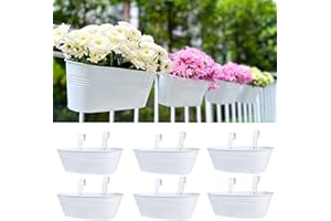LÁLÁGREEN LaLaGreen Outdoor Plants Rail Planter (6 Pack, 16 Inch) White Metal Iron Hanging Flower Pots Deck Railings Fence Buckets Modern Boho Style Wall Mount Window Boxes Plant Holder Hooks Porch Home Decor