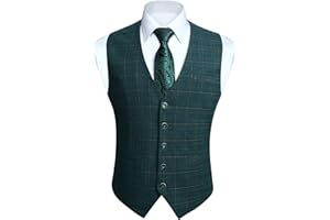 HISDERN Men's Suit Vest Plaid Dress Vest for Men Slim Fit Formal Business Waistcoat Tuxedo V-Neck Solid Vest for Wedding