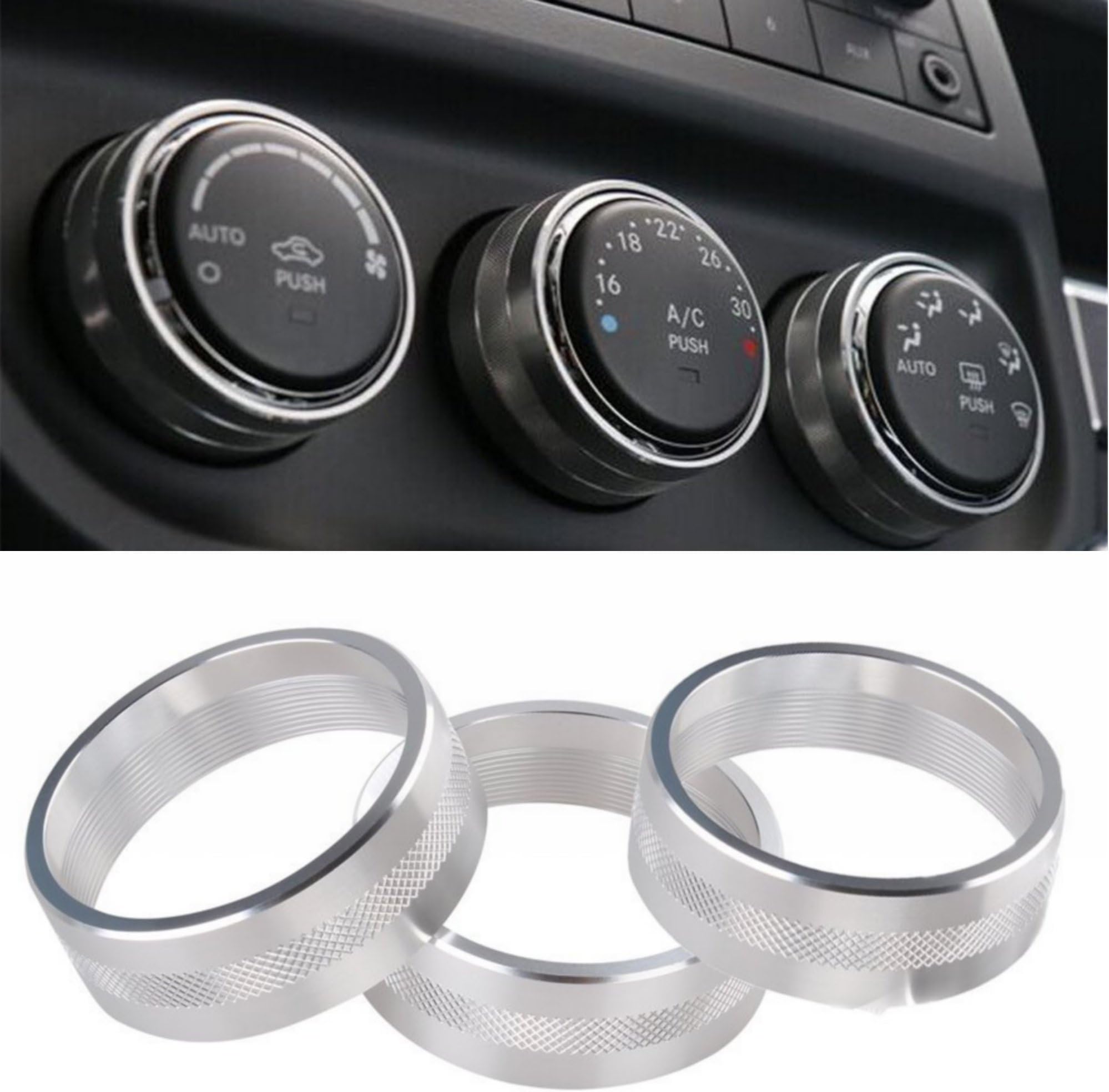 Sporthfish 3Pcs Aluminum Alloy Interior Audio Air Condition Twist Switch Ring Control Button Trim Cover Compatible with Jeep Wrangler JK JKU Patriot 2011-2018 dodge ram challenger 2008-2014 (Silver)