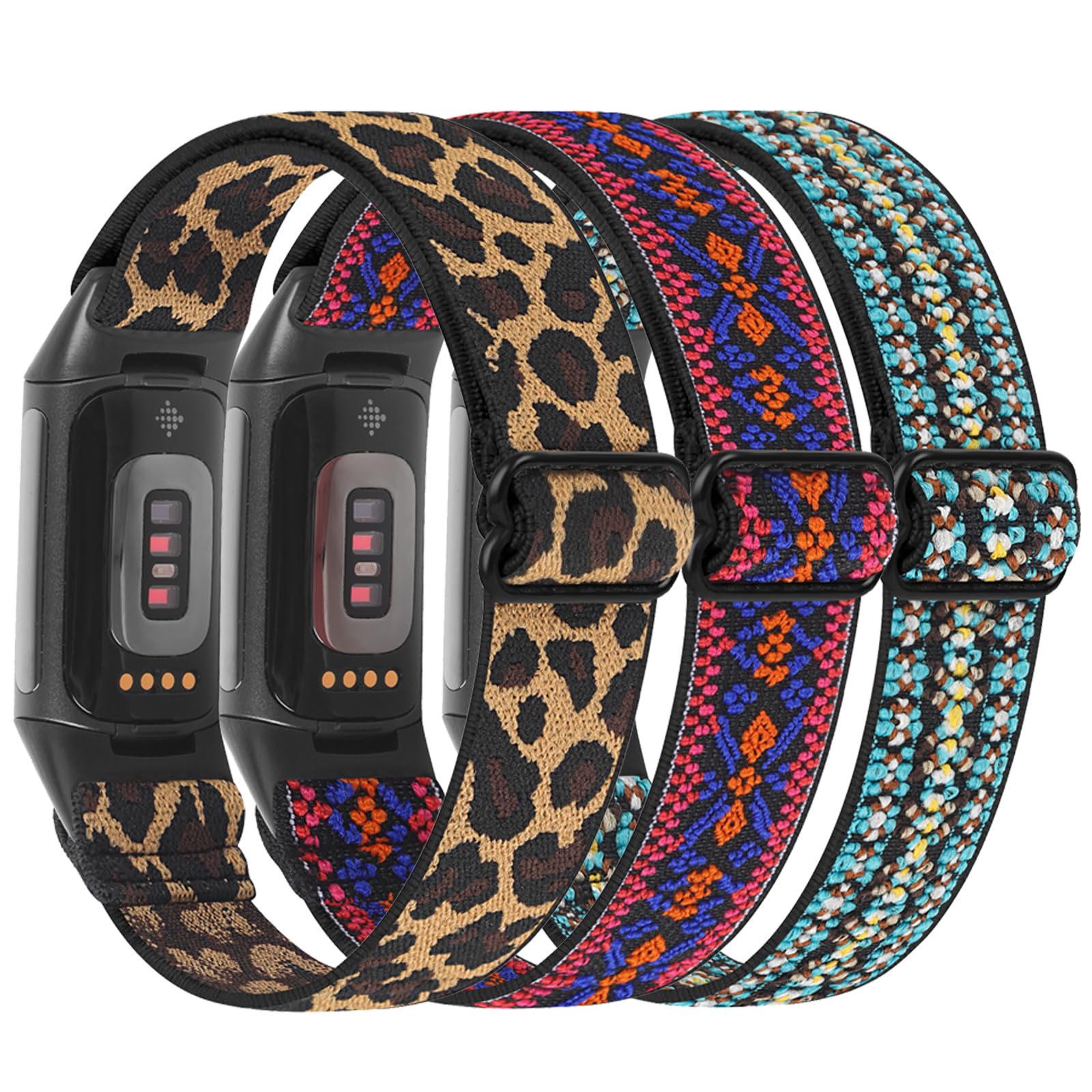 HUYIIO 3 Pack Adjustable Elastic Watch Strap Compatible with Charge 5/Charge 6 Straps, Soft Breathable Nylon Sport Band Stretchy Replacement Wristband For Women Men