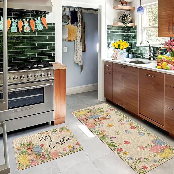 BACCESSOR HAPPY EASTER KITCHEN RUGS SET OF 2, BUNNY RABBITS COLORFUL EGGS FLOWERS KITCHEN MATS FOR FLOOR LOW-PROFILE EASTER HOLIDAY PARTY HOME DECORATION 17X29 AND 17X47 INCH