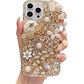 iFiLOVE for iPhone 16 Pro Max Bling Diamond Case, 3D Luxury Sparkle Glitter Crystal Rhinestone Butterfly Flower Pendant Charm Case Cover for Girls Women Kids (Champagne)