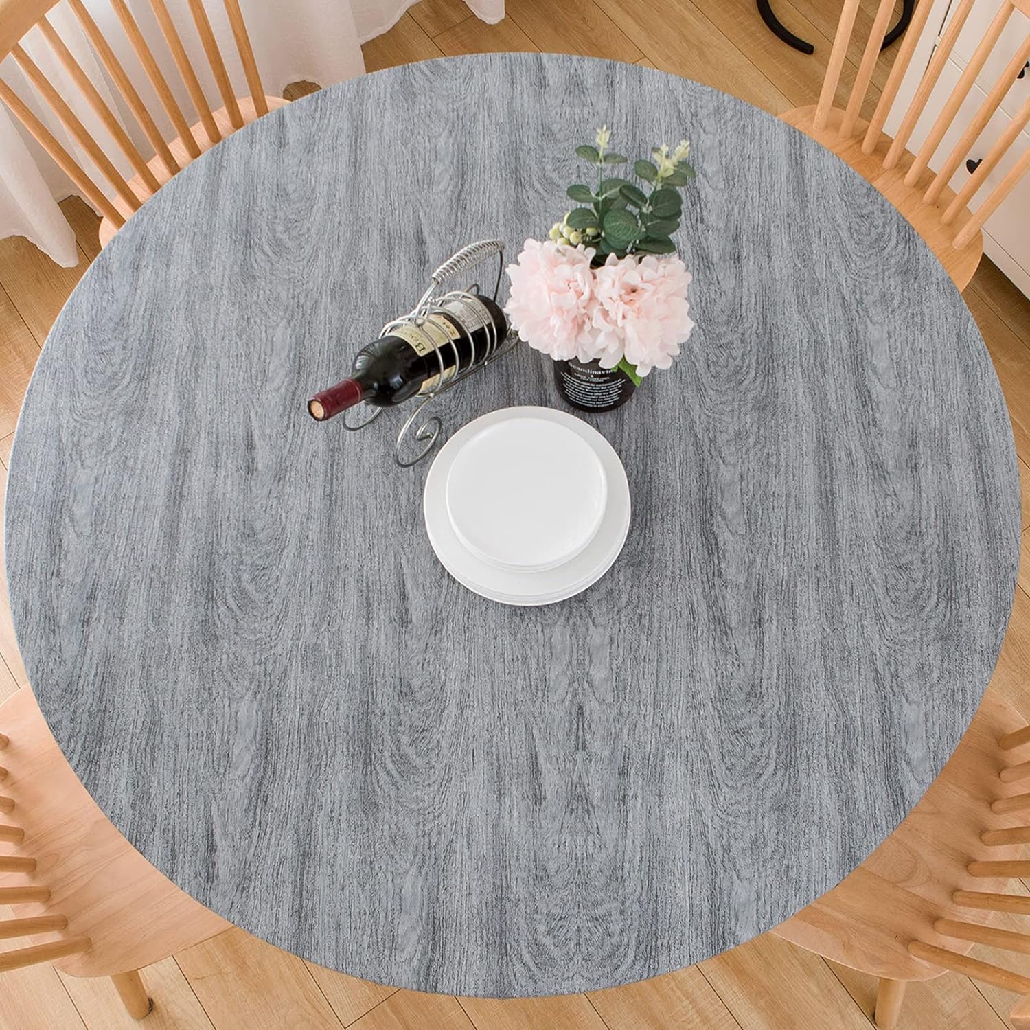 Photo 1 of Round Vinyl Fitted Tablecloth with Flannel Backing Elastic Table Cloth Waterproof Oil-Proof Plastic Cover-Fits Tables up to 45" - 56" Diameter