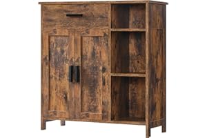 FIONESO Storage Cabinet, Floor Cabinet Wooden Storage Organizer with Drawer, Coffee Bar Cabinet with 2 Doors and 3 Shelves, Freestanding Cupboard for Entryway/Living Room/Bathroom, Rustic Brown