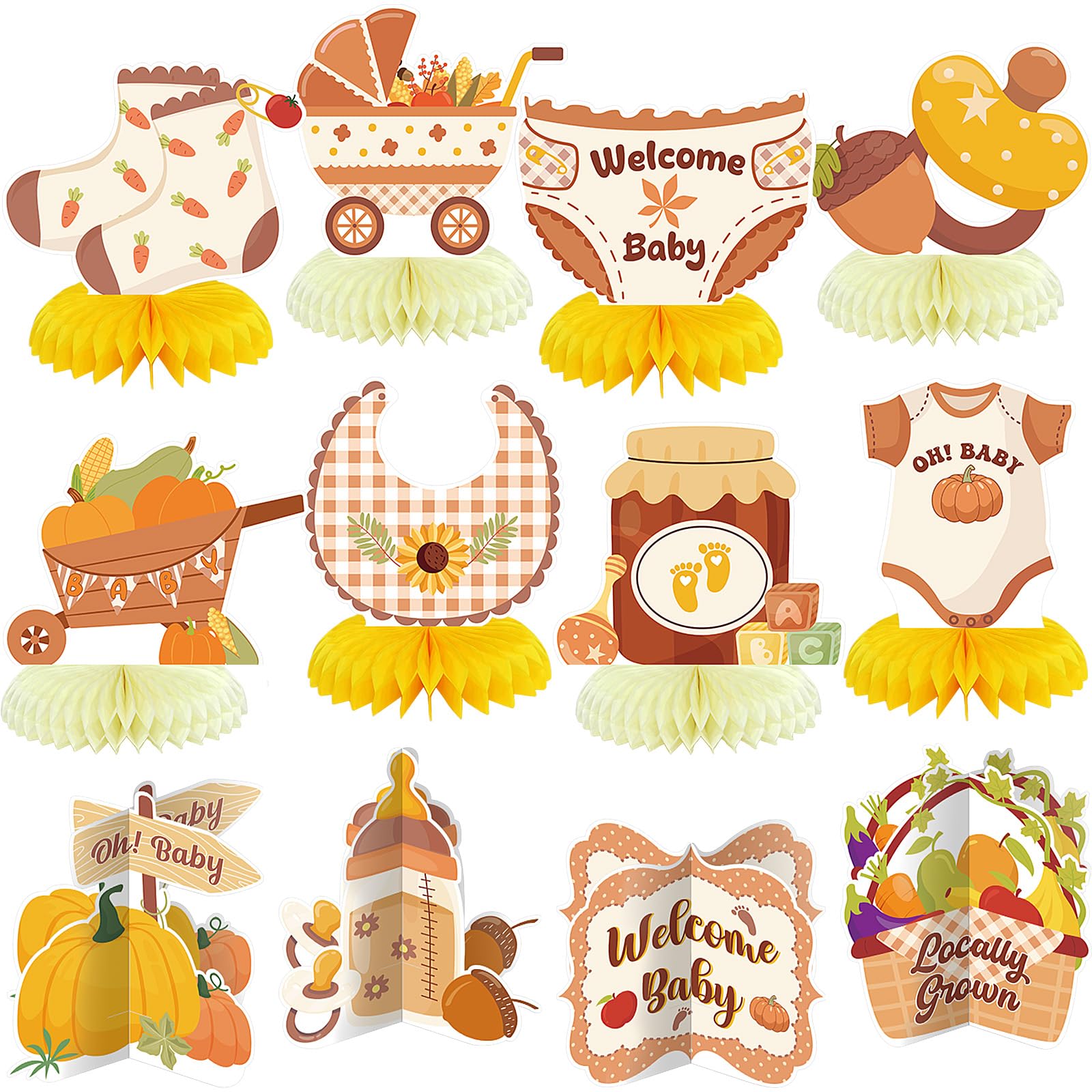 Photo 1 of 12 Pcs Fall Locally Grown Baby Shower Decorations Fall Honeycomb Centerpieces Pumpkin Corn Honey Acorn Farmers Market Baby Shower Table Topper Decoration for Birthday Party Favors Supplies