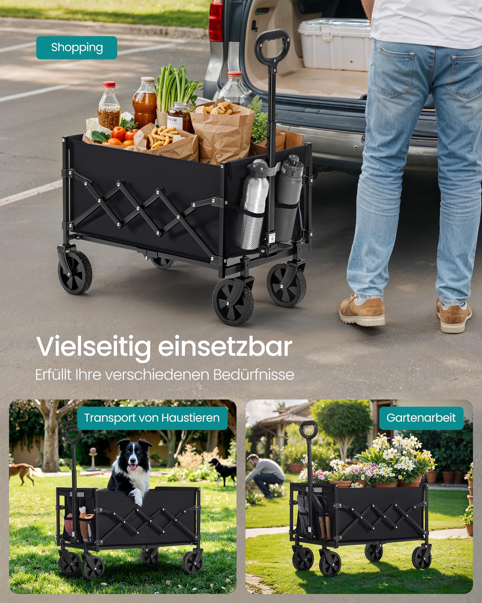 SONGMICS Kleiner Handwagen faltbar, Gartenwagen, kompakt, mit Griff, mit 4 verstärkten Rollen, Davon 2 Universalräder, bis 180 kg belastbar, Outdoor, Garten, 90 L, tintenschwarz GFW909B01 5