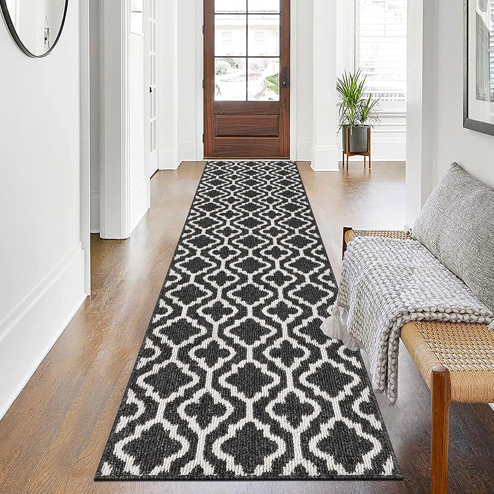 SHACOS Non Slip Hallway Runner Rug 60 x 240 cm Black Geometric Pattern