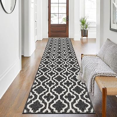 SHACOS Extra Long Hallway Runner 66x300 cm Non Slip Geometric Rug Black White