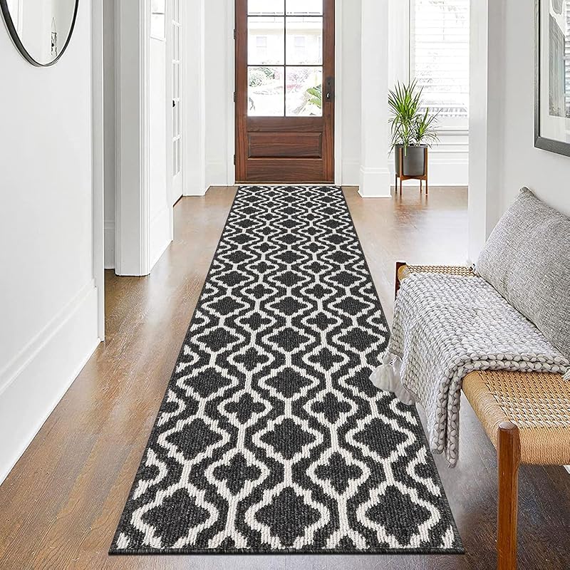 SHACOS Non Slip Hallway Runner Rug 60 x 240 cm Black Geometric Pattern